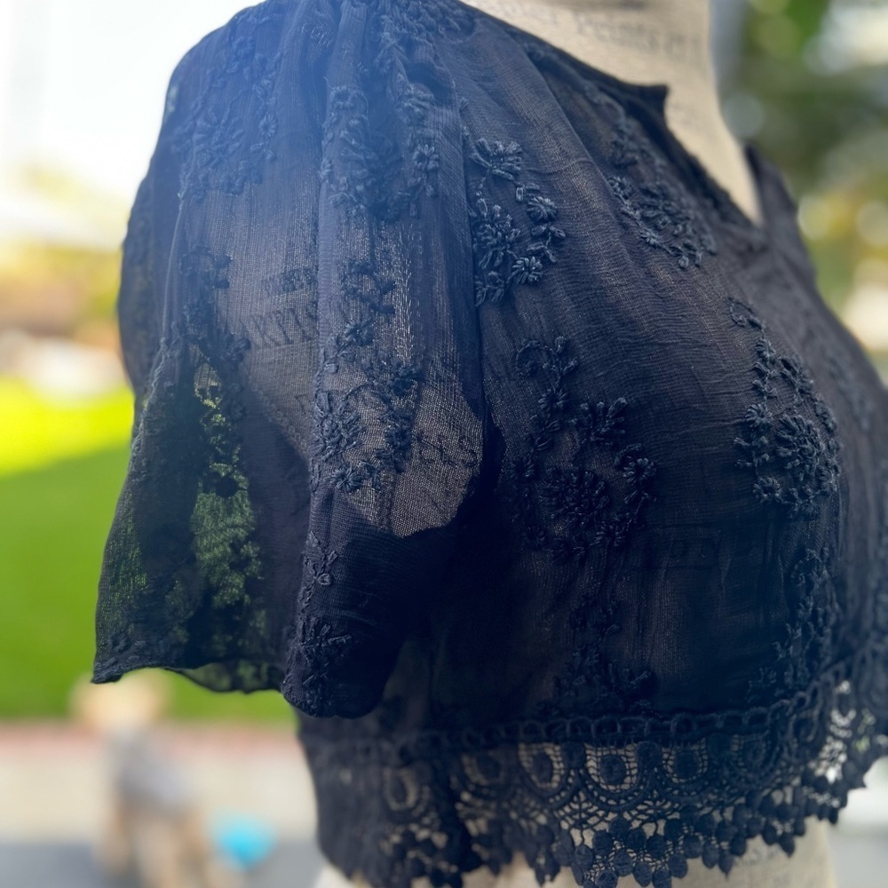 Zara Black Crop Top with Embellished Mandarin Collar